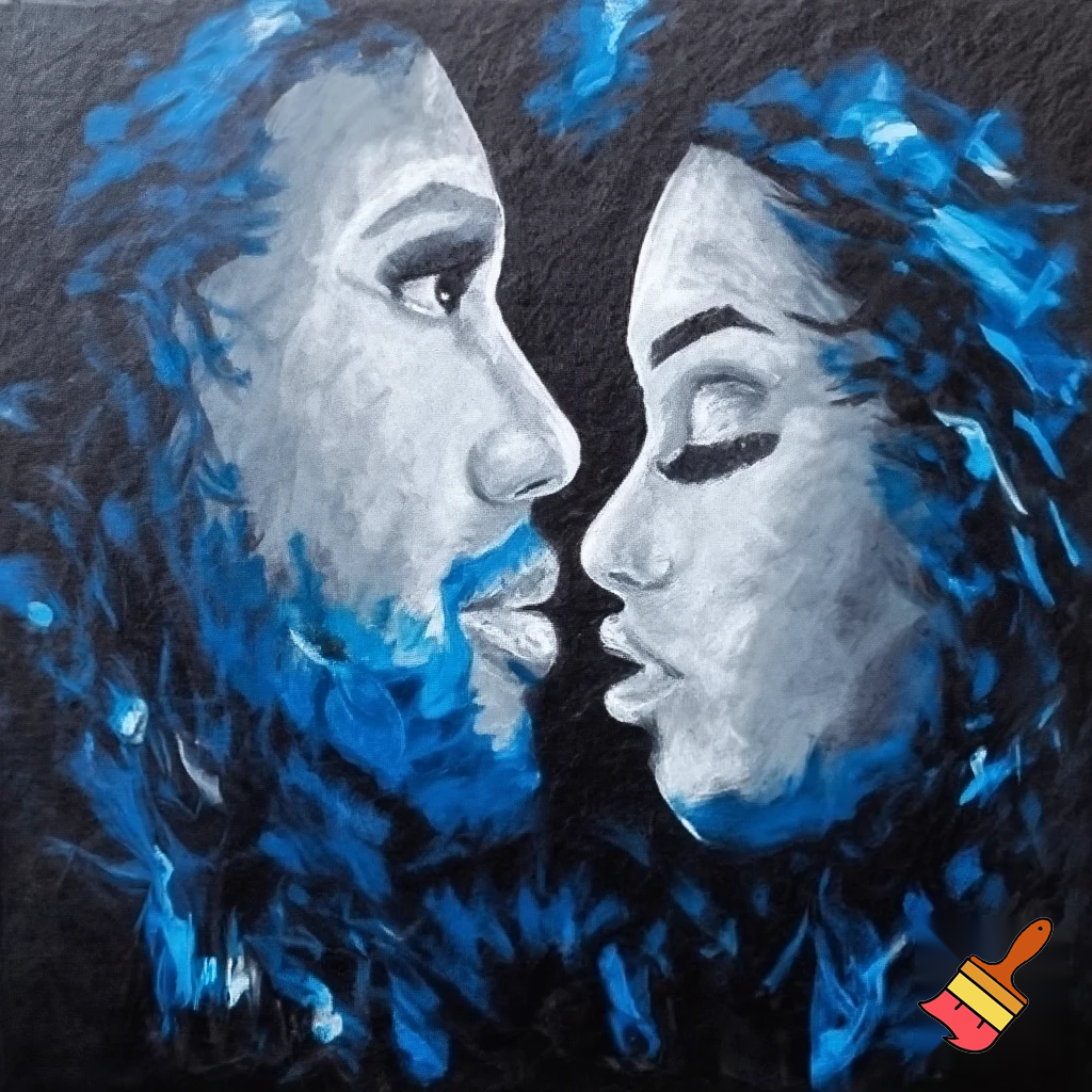 acrylic painting romantic couple man and woman with a long hair love blue and grey modern abstract
