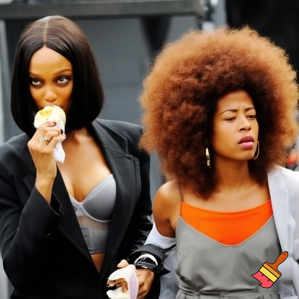 Tyra Banks and Kelis filming Commercial Behind The scenes Tyra Banks has a black sleek middle part bob hair and is wearing a black suit and a grey bra eating ice cream and Kelis has a brown voluminous curly hair Afro wearing a grey jumpsuit and a orange camisole 