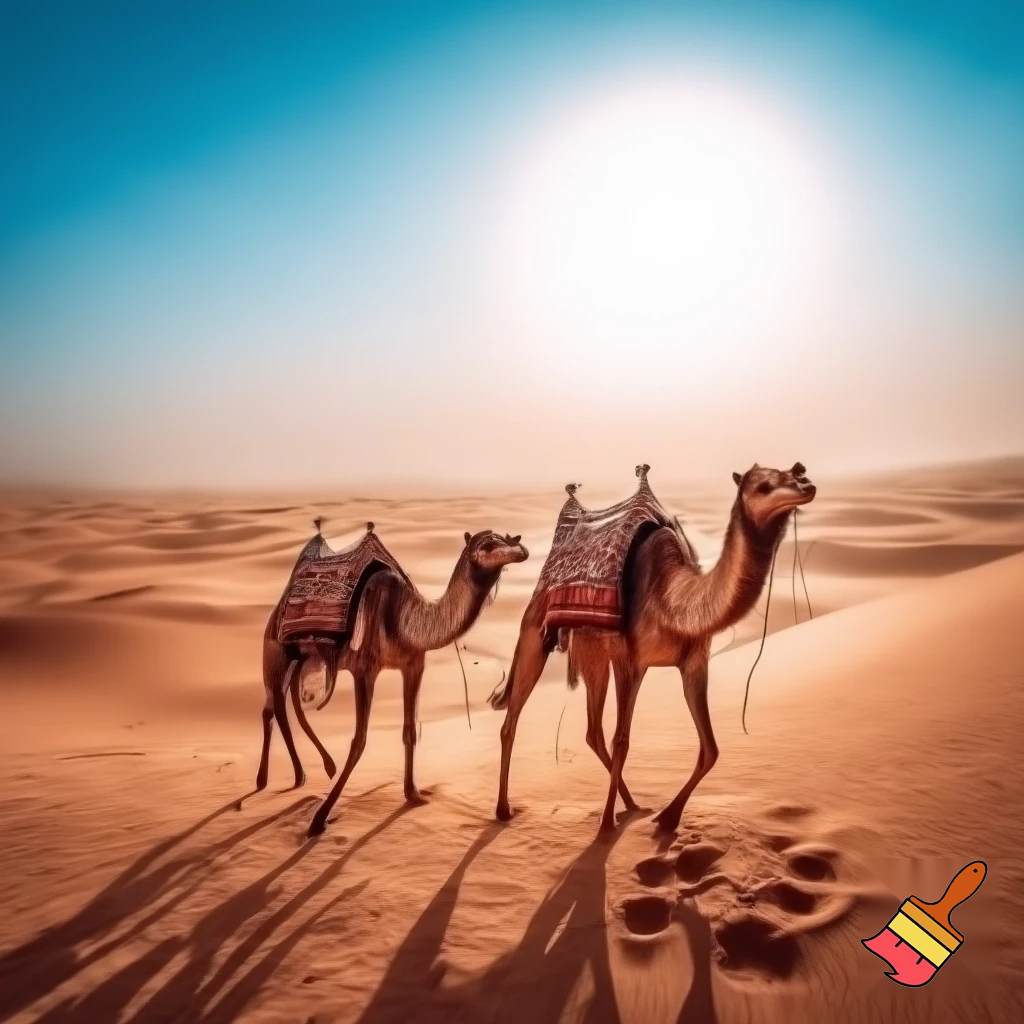 camels crossing the desert