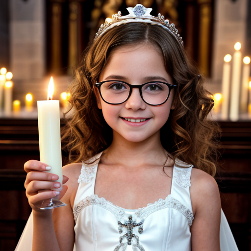 Cute adorable niña Chilindrina glasses con hair curly Blonde con corona Flores con verano elegante formal primera comunión sensual sexy con holding vela dé candela con altar con iglesia templó católico 4