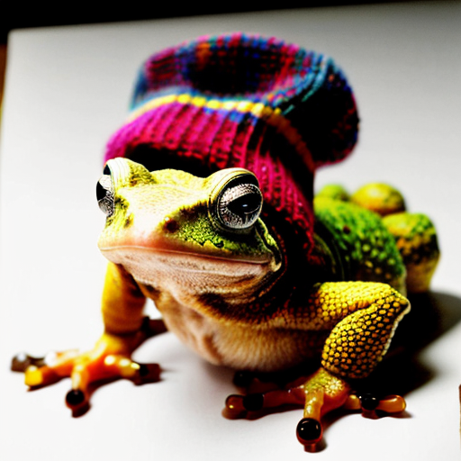 A laughable, puzzled animal toad in woolen, multicoloured winter clothings with woolen winter cap. Hyperrealistic style.
