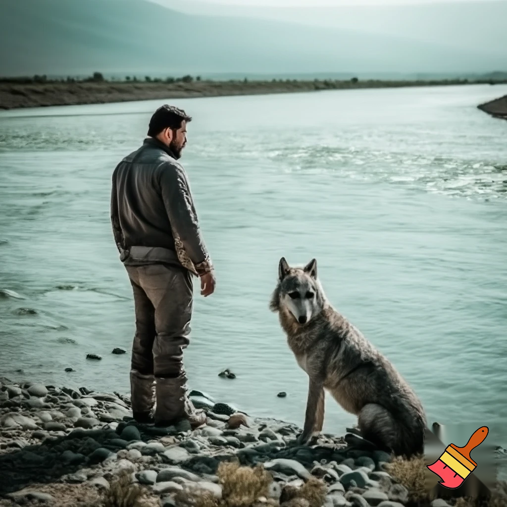 a man standing at river end with wolf