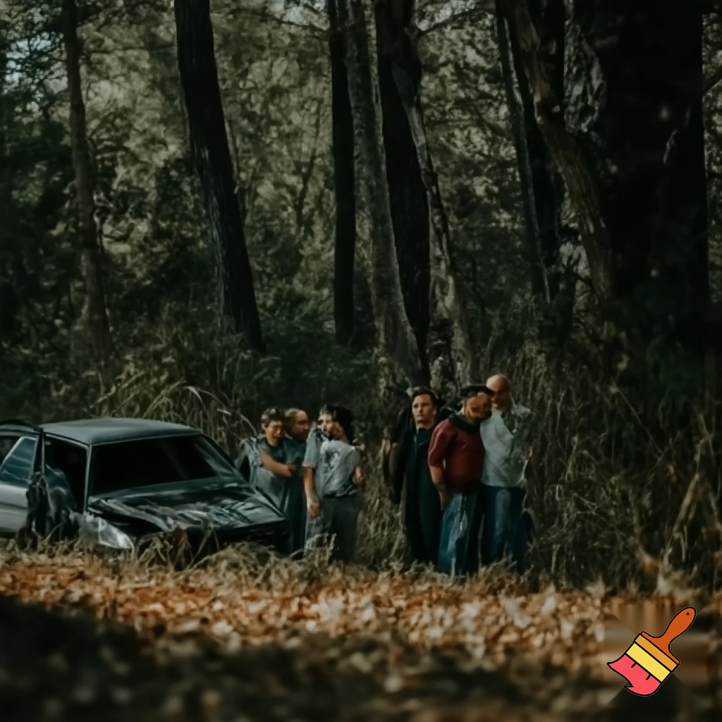 Draw me a photo of lost family in a wild forest with a crashed car near them