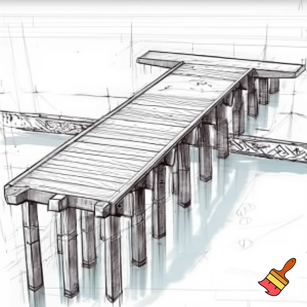 A construction sketch of a dock with 18 pilings and a T shaped end over a small pond for