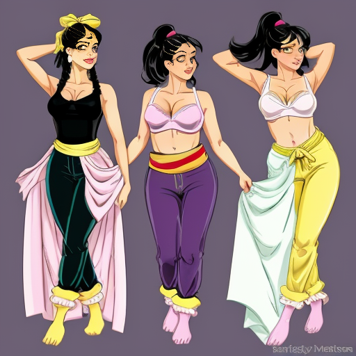 90's disney's 2d aladdin style comic black background and panels of Panel 1 then a fleet of the black haired ponytail women with blue skin,blue harem pants red bra and red sash and red curved slippers are marching around the bed. 
Panel 2 sitting on the bed is a curvy figure black haired ponytail woman with yellow skin,yellow harem pants purple bra and purple sash and purple curved slippers of who is shocked to see the marching black haired ponytail women with green skin,green harem pants pink bra and pink sash and pink curved slippers 
panel 3 then the black haired ponytail curvy figure woman with yellow skin,yellow harem pants purple bra and purple sash and purple curved slippers and hides under her covers. 
Panel 4 And before the bed and the black haired ponytail curvy figure woman with green skin,green harem pants pink bra and pink sash and pink curl toe slippers spiral off and disappear into the distance.  