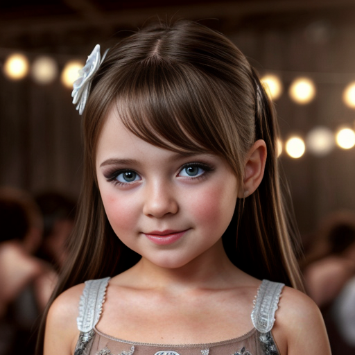 russian brunette little girl at party dress, very beautiful, on the party, brown eyes