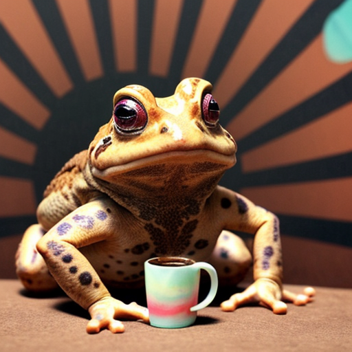A hillarious, funny boho toad with some hippie colored coffee cups. Psychedelic decorated background, hyperrealistic.
