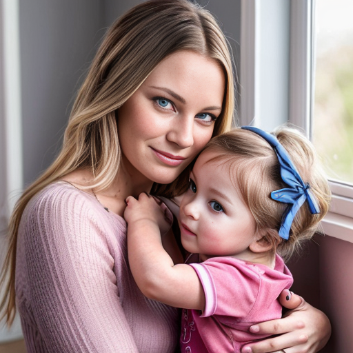 create a family photo of a 27 year old mother with dark blonde hair with blue eyes and her 2 year old daughter with blonde hair with blue eyes in pink at a house