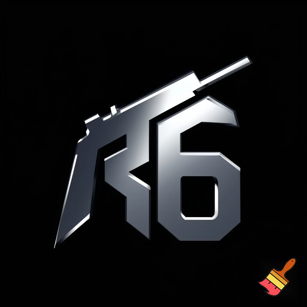 A logo with a gun pointing up and an r and a 6 with it
