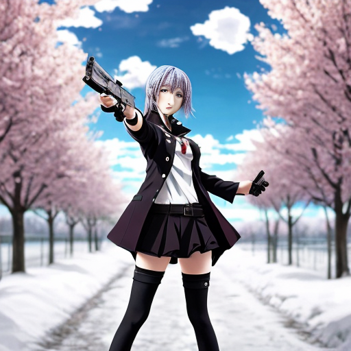 Create a background for me where there is an anime character with a gun and the weather is spring