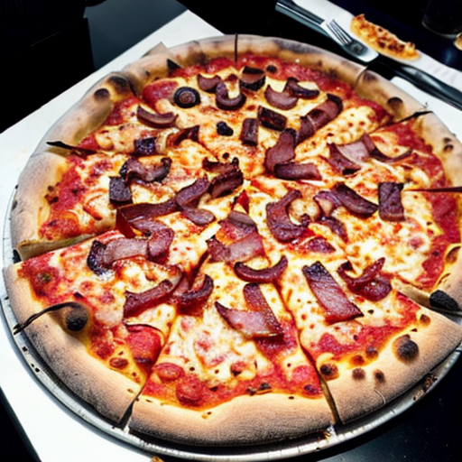 a tasty pizza with bacon on top and fresh cooked peaces of stake on it and tasty peperonis on it and macroni too