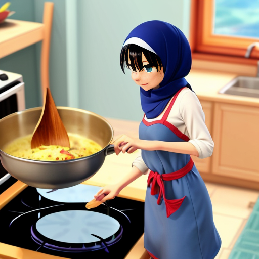 Pixar-style 3D cartoon character, standing at the stove, cooking gesture, exaggerated cartoon features, big expressive eyes, Muslim woman 35-40 years old, fully covered in wide light blue dress, loose modest clothing, headscarf covering all hair, no sexualized features, gray background, simple cartoon style