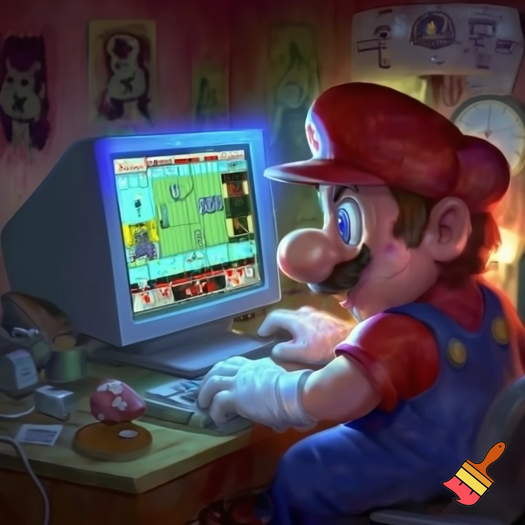 Mario playing five nights at Freddy's pizzeria simulator. He is at his desktop playing the game