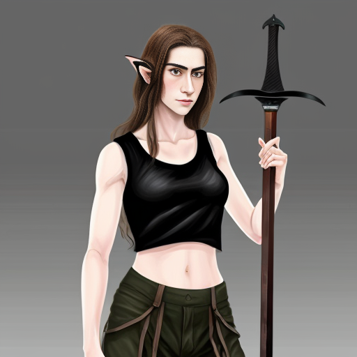digital painting of an elven androgynous person with pale white skin, long wavy brown hair dressed in all black tank top, wide pants and practical clothing meant for combat (but not armor) mercenary clothing and carrying a a large sword behind