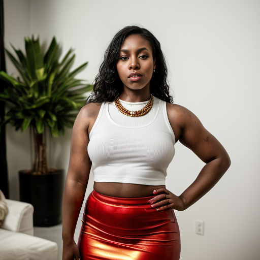 
Scene: A minimalist urban setting with potted plants.
Mood: Provocative and confident.
Expression: Dressed in a red sleeveless deep crop top and long red slit skirt, showcasing her thick thigh with a gold waist chain, the woman poses with one leg raised. She looks directly at the camera with a bold, self-assured gaze. Normal fit curvy girl 