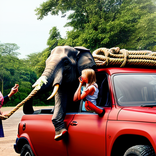 Draw an elephant pulls a red car with the rope, a girl sitting in the car holding the steering, a man sits on the elephant's back.