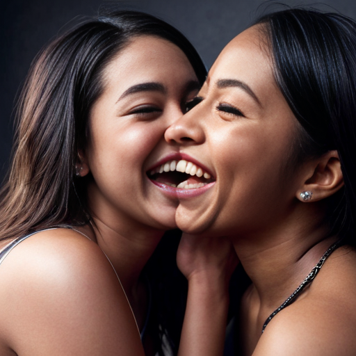 A curvy black ebony woman sitting naked on a male slaves face while kissing her Japanese half Latina curvy naked girlfriend while they both giggle as they kiss 