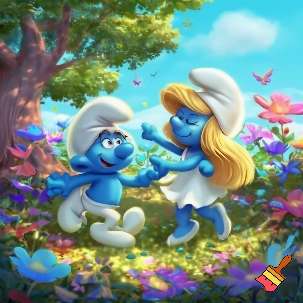 Show me a Smurf and Smurfette dancing together.