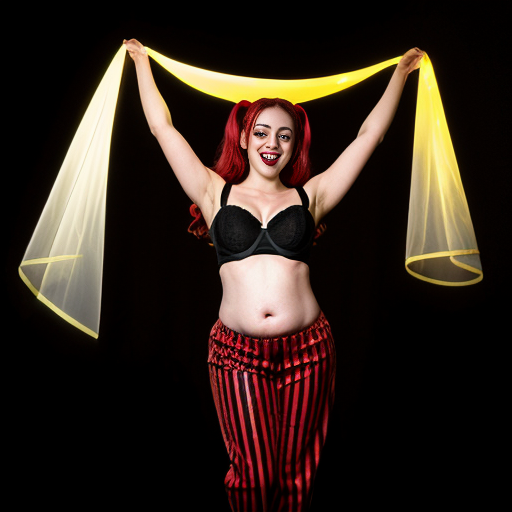 90's disney's 2d aladdin style comic black background and panels of panel 1 Harley Quinn with light black and red striped harem pants and bra and black and red curved slippers with both hand palms place together and hiding the bottom of her mouth with a light black and red striped veil wrapped around her arms and shoulders. 
panel 2 she danced with light black and red striped harem pants with light black and red striped bra and red and black curved slippers and with light black and red striped veil wrapped around her arms and shoulders and raising legs and bounced up and down her belly and shook her hips left and right. 
panel 3 as Harley Quinn with light black and red striped harem pants and bra and red and black curved slippers and with red and light black striped veil wrapped around her shoulders and arms and spreading her arms, happily revealing her face to the viewer and giving a smile as she shook her belly left and right. 
Panel 4 Harley Quinn with light black and red striped harem pants and bra and black and red curved slippers and with light black and red striped veil wrapped around her shoulders and arms has started to fading away , except her belly, which is bouncing around and growing. 
Panel 5 then the ball transforms into the fading in belly of red haired giganta barefoot with dark yellow spotted yellow harem pants and bra and dark yellow spotted yellow veil wrapped around her arms and shoulders with her swaying her hips. 
Panel 6 red haired giganta barefoot with dark yellow spotted yellow harem pants and bra and dark yellow veil wrapped around her arms and shoulders flexing her arms.