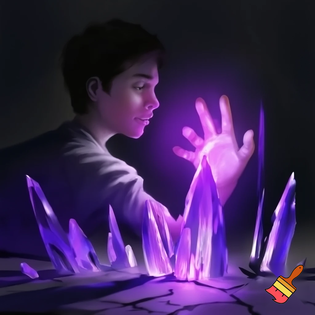 teen boy with his glowing purple hand out to the right, palm up, purple tinted ice erupting from the ground in spires, realistic,               side profile
