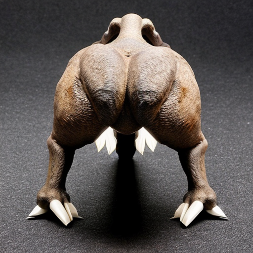 A female trex with big butt cheeks. There are 10 tranquilizer darts, in her butt, near her bum hole, and on her tail. Butt is anthropomorphic. Tail droops. Dazed smile on her face. Rear view. 