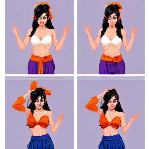 90's disney's 2d aladdin style comic black background and panels of 
(panel 1  black hair Woman barefoot with white harem pants and bra purple vest and orange sash with both hand palms place together and hiding the bottom of her mouth with a red veil wrapped around her arms and shoulders and with both hand palms place together and hiding the bottom of her mouth and swaying her hips left.)
(Panel 2 Then the black hair woman barefoot with white harem pants and bra , purple vest and orange sash with red veil wrapped around her arms and shoulders with both hand palms place together and hiding the bottom of her mouth swaying her hips right .)
(Panel 3 then the black hair woman with white harem pants and bra ,purple vest and orange sash and red curved slippers spreading her arms, happily revealing her face to the viewer and giving a smile as shook her belly left and right.)
(Panel 4 then the black hair woman  with white harem pants and bra and red sash and red curved slippers with a blue veil wrapped around her arms and shoulders and spreading her arms  then started to fading away , except her belly, which is bouncing around.
(Panel 5 and the black hair woman with blue harem pants and red bra and red sash and red curved slippers with a blue veil wrapped around her arms and shoulders then swaying of her belly and hips.)
(Panel 6 then  the black ponytail hair woman with blue skin and blue  harem pants and red bra and red sash and red curved slippers then blowing kisses to the viewer.) 