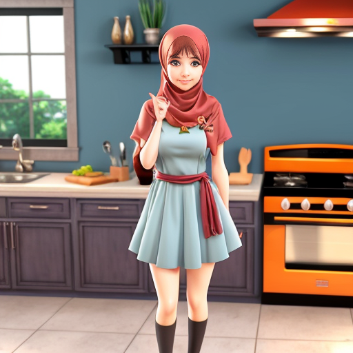 Pixar-style 3D cartoon character, standing at the stove, cooking gesture, exaggerated cartoon features, big expressive eyes, Muslim woman 35-40 years old, fully covered in wide light blue dress, headscarf covering all hair, modest appearance, gray background, consistent character, simple cartoon style, cinematic lighting