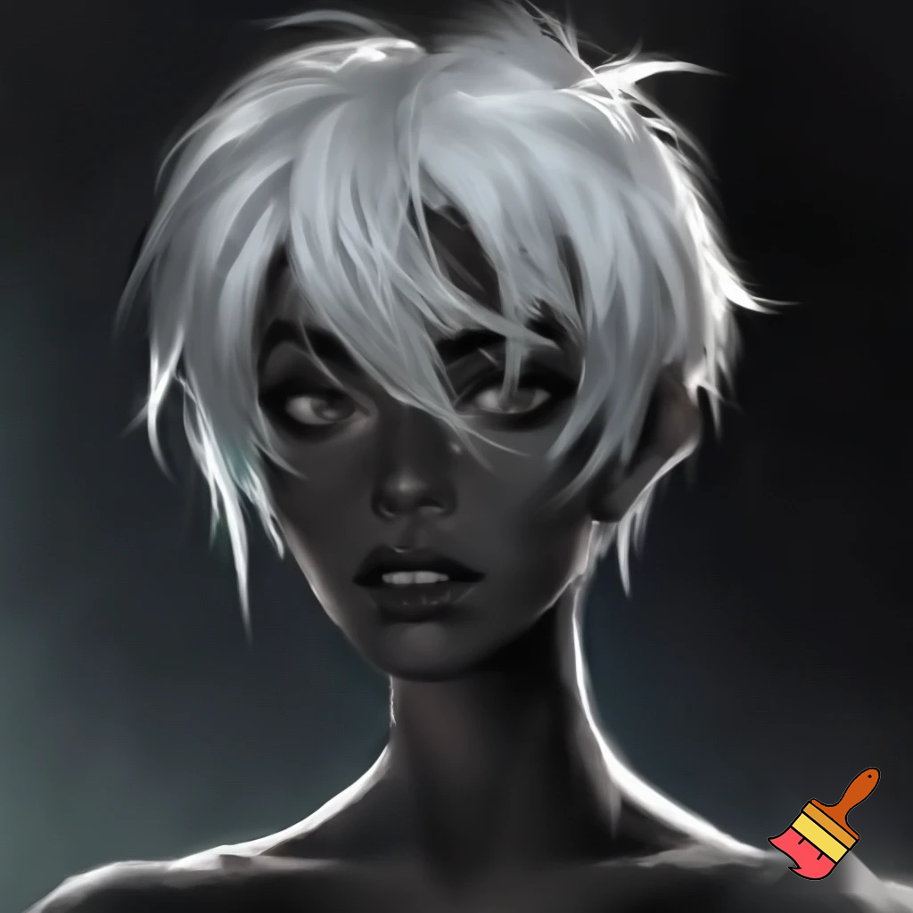 portrait of female character with thick, white, unevenly cut thick hair, realistic, smooth face, charcoal black skin, caucasian features, unkempt hairstyle, lending the person an edgy and adventurous appearance, dark adventure atmosphere, transparent background