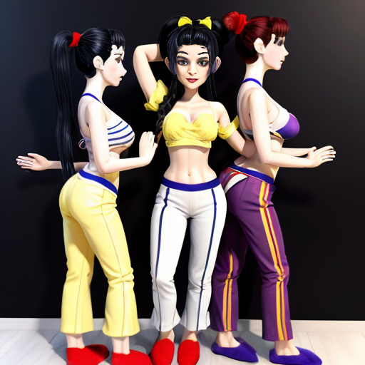 90's disney's 2d aladdin style comic black background and panels of 
panel1 a black haired ponytail woman with yellow skin,yellow and purple striped harem pants and purple bra and purple curved slippers and a black haired ponytail woman with blue skin,blue and red striped harem pants red bra  and red curved slippers both swaying hips in front of viewer with their both hand palms place together and hiding the bottom of her mouths while walking side to side towards each other.  
panel 2 then both the black haired ponytail woman with blue skin,blue and red striped harem pants red bra and red curved slippers and the black haired ponytail woman with yellow skin,yellow and purple striped harem pants purple bra and purple curved slippers bump each other by the butt.
panel 3 but both the black haired ponytail woman with blue skin,blue and red striped harem pants red bra and red curved slippers and the black haired ponytail woman with yellow skin,yellow and purple harem pants purple bra and purple curved slippers are merged and conjoined together by the pelvis.
Panel 4 then both the black haired ponytail woman with blue skin,blue and red striped harem pants red bra and red curved slippers and the black haired ponytail woman with yellow skin,yellow and purple striped harem pants purple bra and purple curved slippers begin pulling and stretching their merged hips apart.
Panel 5 however the black haired ponytail woman with blue skin, with red bra and red curved slippers conjoined with the black haired ponytail woman with yellow skin,purple bra and purple curved slippers with red and purple striped harem pants fail.
Panel 6 and the conjoined black haired ponytail woman with blue skin,red bra and red sash and pink curved slippers and black haired ponytail woman with yellow skin,purple bra and pink sash and purple curved slippers with red and purple striped harem pants stretch back  together.