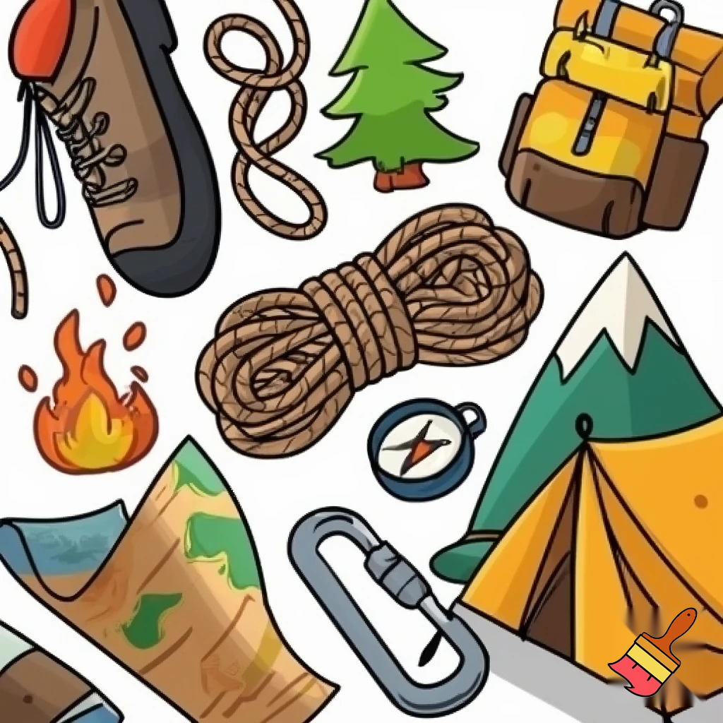 icons of nature exploration in cartoon style : climbing shoe, cord, fir tree, mountain, campfire, tent, carabiner, compass, backpack, world map, hiking shoe, binoculars