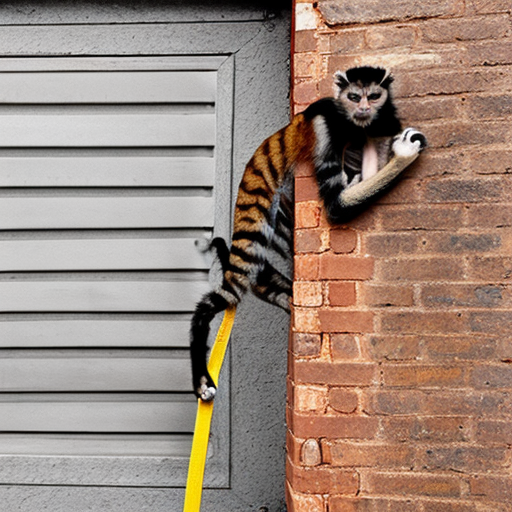 Create a image with a cat and a spider monkey repeling of the side of a brick wall