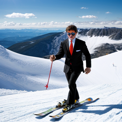 anime frog wearing a suit and tie with cool avaitor sunglasses skiing down a mountain
