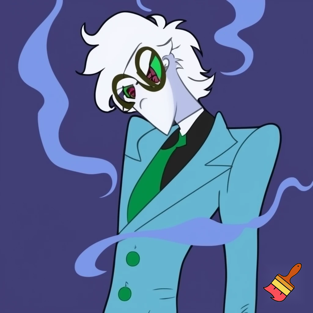 A tall, lean pale man with white hair, green eyes and distinctive round bra glasses In cartoonish art style of hazbin hotel wearing his signature blue overcoat and smoke curling around him