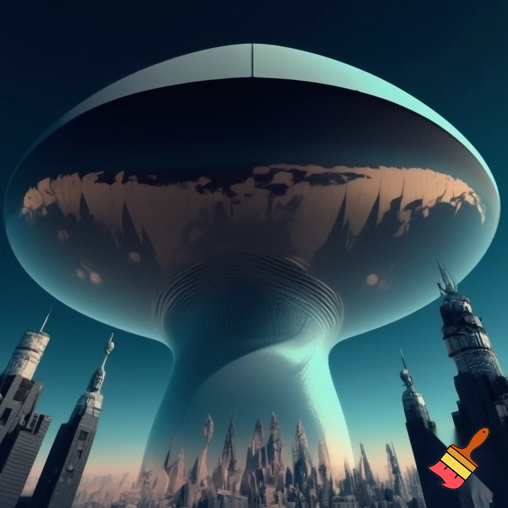 Cinematic shot, extreme low-angle view looking up, a massive, mushroom-shaped alien spacecraft of suffocating scale hovers directly over a futuristic space city. The ship's underbelly dominates the entire sky, its smooth, liquid-mercury mirrored surface grotesquely reflecting the intricate city spires and panicked shuttles below. The city lights cast distorted, fragmented patterns on the vessel. The colossal craft casts a deep shadow over half the metropolis, creating an overwhelming sense of oppression and triggering megalophobia. In the foreground, the city's towers and communication antennas appear minuscule and toy-like. Hyper-detailed, sci-fi realism, ray tracing, dynamic blur, apocalyptic atmosphere, 8K, UHD.