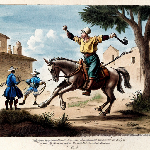 Illustration of a scene from Don Quixote, Scene 7.
A muleteer (arriero) punching Don Quixote.
Don Quixote falling to the ground, armor damaged.
Sancho Panza nearby, shocked and worried.
Old Spanish inn in the background.
Action scene but educational, not violent.
Classic book illustration style, 17th century Spain.
Soft colors, hand-drawn, clear composition.



