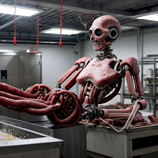 a sprawling, steam-choked industrial meat factory where conveyor belts groan under the weight of pale, segmented human limbs—neatly trimmed thighs, torsos split down the sternum, fingers still twitching as hydraulic claws pluck them into alignment. Gleaming robotic arms, their joints slick with blood-misted grease, methodically disassemble dangling carcasses under the sterile glare of flickering neon lights, their blades humming through flesh with clinical precision. A central vat bubbles with churned viscera, pink froth spilling over as a faceless drone scoops a slurry of ground bone and meat into sterile packaging stamped "GRADE A." In the foreground, a half-skinned face stares blankly from a hook, its jaw slack beside a dangling barcode tag that reads "HARVEST DATE: TODAY." The air shudders with the wet thud of cleavers and the static-laced drone of a synthesized voice repeating, "YIELD OPTIMAL. PROCEED TO PROCESSING