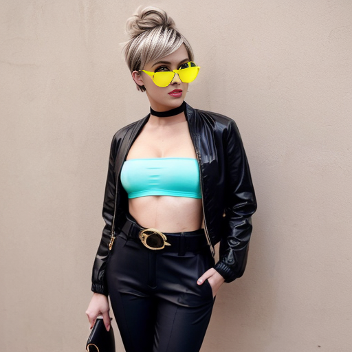Attractive woman with an ash blonde pixie cut and a slim build wearing bold makeup wearing a cropped jacket, a bandeau top, cigarette pants with a belt and peep toe chunky heels 