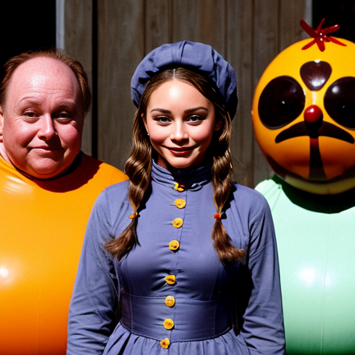 Vanessa Hudgens long hair depicted as a spherical shape inflated like a balloon, she is a round oval naked body boobs belly body overinflated Her facial expression is neutral, almost impassive. Her body is exaggeratedly rounded, forming a sphere, with no visible definition of limbs. ackground the Rusty Goffe and Marcus Powell Oompa Loompas from Willy Wonka's Chocolate Factory willy wonka characters real life real persons face Oompa Loompas, white eyebrows, colored skin, orange skin, blue eyes in out fits oompa loompas are standing around he