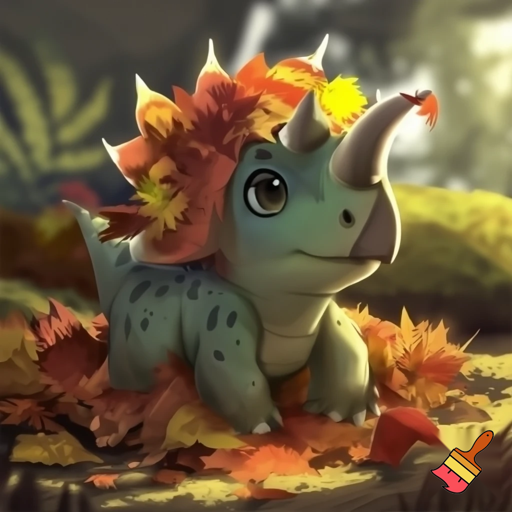 Draw a cute baby triceratops In the wild covering his head in a pile of leaves 