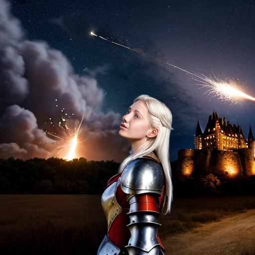young white-haired woman in armor watches as meteorites fall on her castle