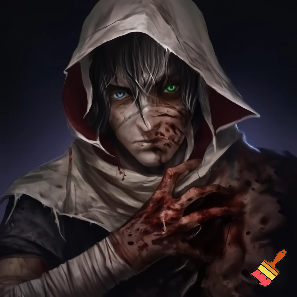 Perryn is a ~25 year old male whose body is slowly being overrun by necrosis, causing the right half of his body to appear undead, he wraps himself in bandages, scarves and other clothing to hide this nature. His right eye is green with black sclera, his other is blue with white sclera. His hair is mostly black, though there are some streaks of white lining the right. His blood is black and viscous, staining the bandages around his arm and hand.