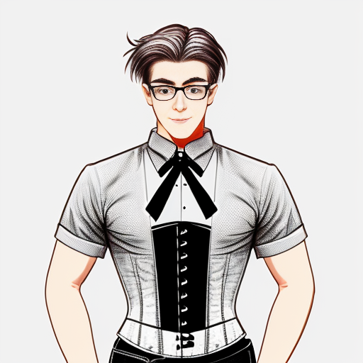 make a rough sketch of a feminine man (digital art style), whose tall and slender body type, white long hair, corset over a short sleeve button up; make it formal yet pretty, he has one red eye and pretty lashes, and holding a chainsaw. he also has thin oval glasses, and a red ribbon tied around his neck.