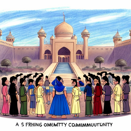 A heartwarming drawing of the people of Agrabah rallying around Princess Jasmine, with a focus on community and encouragement.