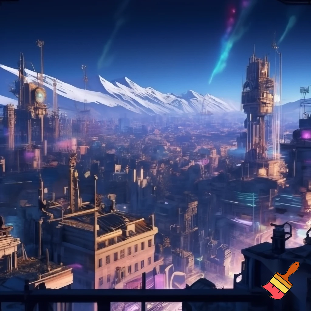 create a landscape background 



Style: anime teaser, a mix of cyberpunk, steampunk and ethno motifs (PUNKVERSE)



Palette: deep cool neon blues/purples + warm brass-copper range for steampunk elements + white-snow accents in the background.



Description: Almaty at night, view from the roof (transition from Scene 7), but now without characters. An empty landscape.



Action: Focus on the city.



Visual: A scene on the roof / generalized observation deck of the city.
