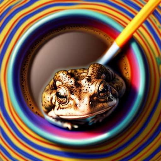 A hillarious, funny boho toad with some hippie colored coffee cups. Psychedelic decorated background, hyperrealistic. Close-up view.