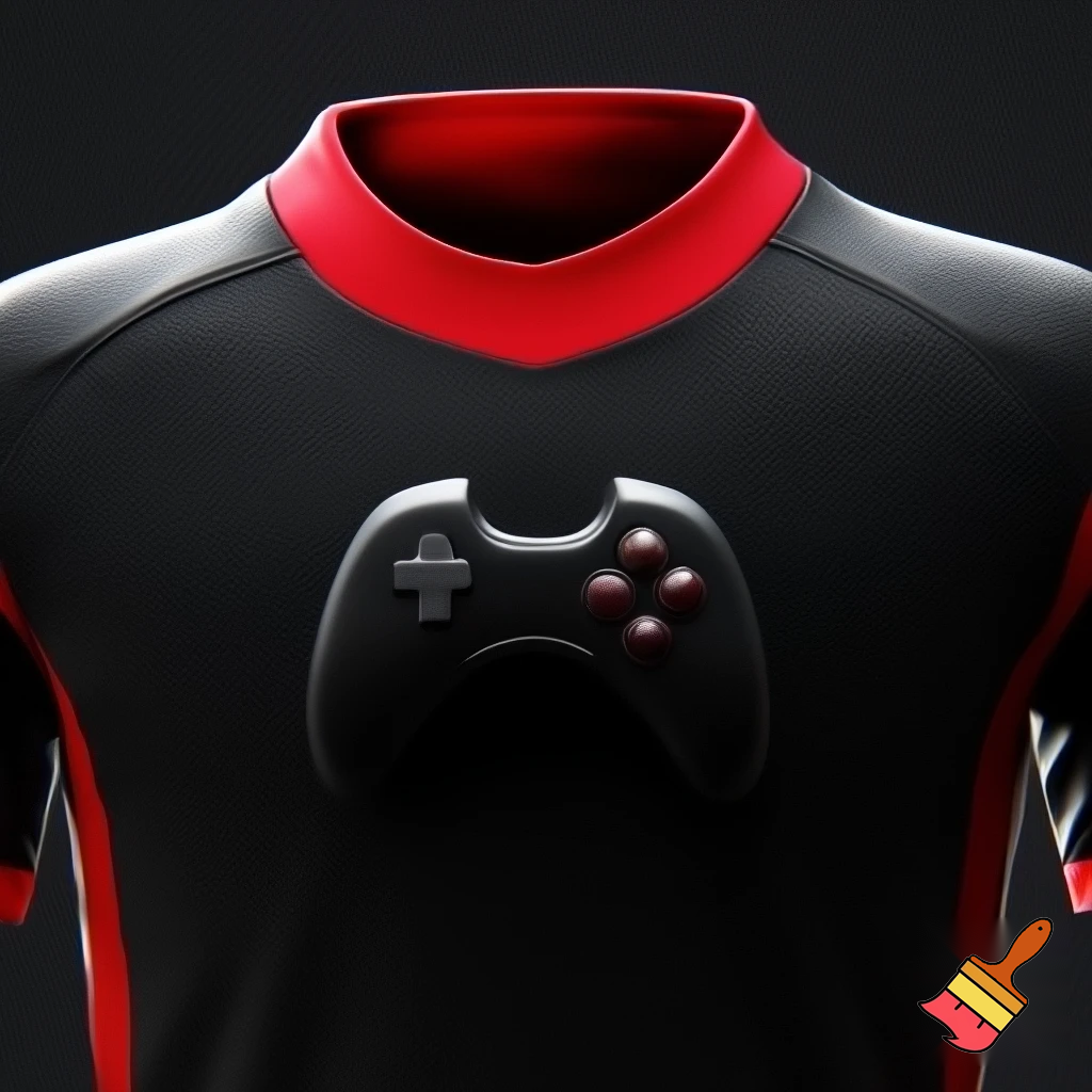 Crea una maglia da calcio nera con un colletto alto rosso e altri dettagli in rosso. È nera. Al centro ha un controller da videogiochi nero con i contorni che richiamano il colore del colletto