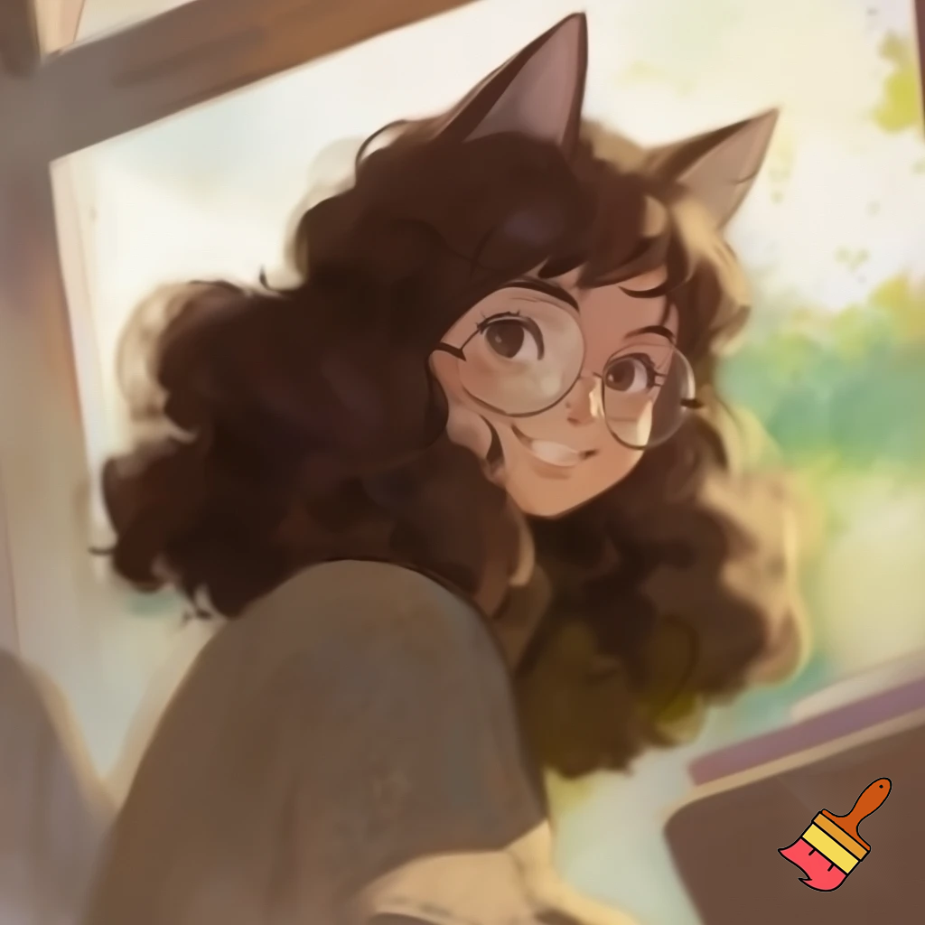CUTE cat woman with curly hair and glasses in a ghibli style