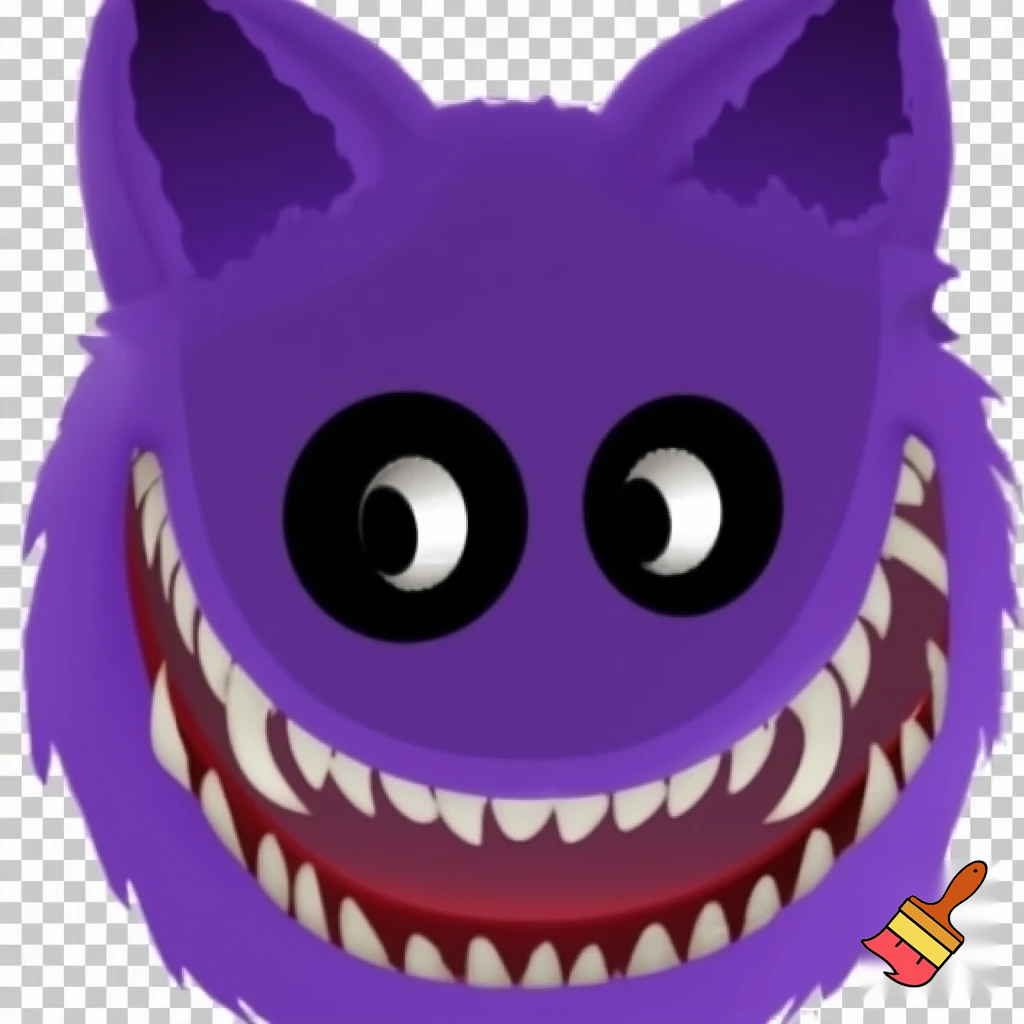 a big purple monster its ears ears like a cat it had black eyes except for its tiny pupils that were a piercing white it had a wicked smile for such a short creature it had thousands of skinny razor like teeth in its mouth under trampoline world