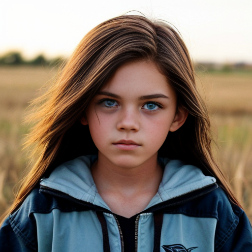 A girl with long brown hair blue eyes that looks kinda like storm boy about 10 years old 