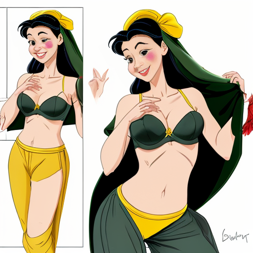 90's disney's 2d aladdin style comic black background and panels of panel 1 tiana with dark green harem pants and bra and curved slippers with both hand palms place together and hiding the bottom of her mouth with a dark green veil wrapped around her arms and attached to her head. 
panel 2 she danced with dark green harem pants barefoot with dark green bra and dark green curved slippers dark green veil wrapped around her arms and shoulders and raising legs and bounced up and down her belly and shook her hips left and right. 
panel 3 as tiana with dark green harem pants and bra and dark green curved slippers and spreading her arms, happily revealing her face to the viewer and giving a smile as she turns around shook her butt left and right. 
Panel 4 as tiana  with dark green harem pants and bra and dark green curved slippers started to fading away , except her belly, which is bouncing around. 
Panel 5 then the ball transforms into the fading in belly of snow white  with yellow harem pants and yellow bra and yellow curved slippers and a yellow veil wrapped around her arms and shoulders with her swaying her hips. 
Panel 6 snow white  with yellow harem pants, yellow bra, yellow curved slippers and yellow veil wrapped around her arms and shoulders gives a smile and winking her left eye 